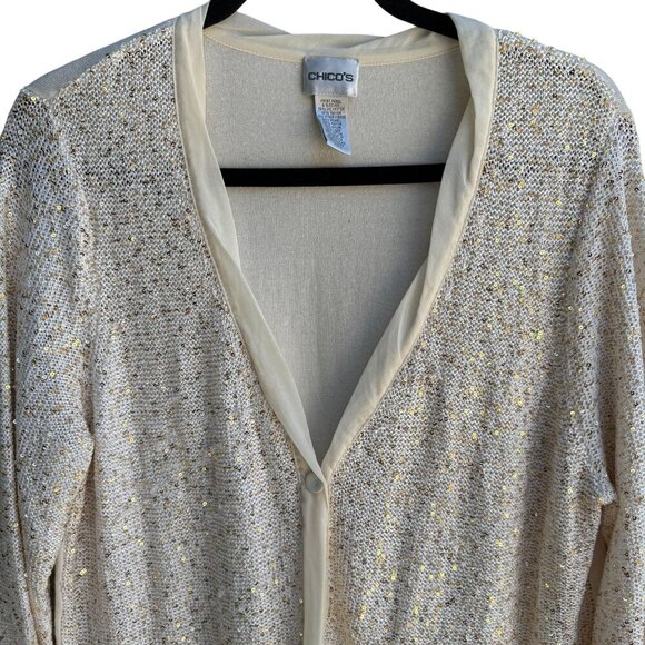 Chicos Sequin Embellished V Neck Glam Beige Gold Knit Cardigan Sweater Size 3 - Picture 6 of 9
